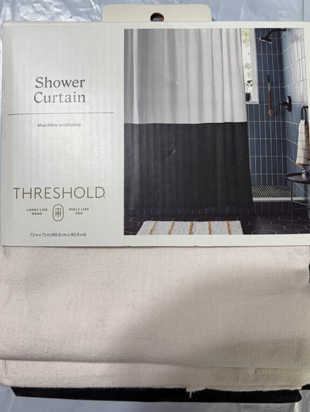 Threshold Black & Cream Modern Colorblock Shower Curtain 72 by 72 NWT